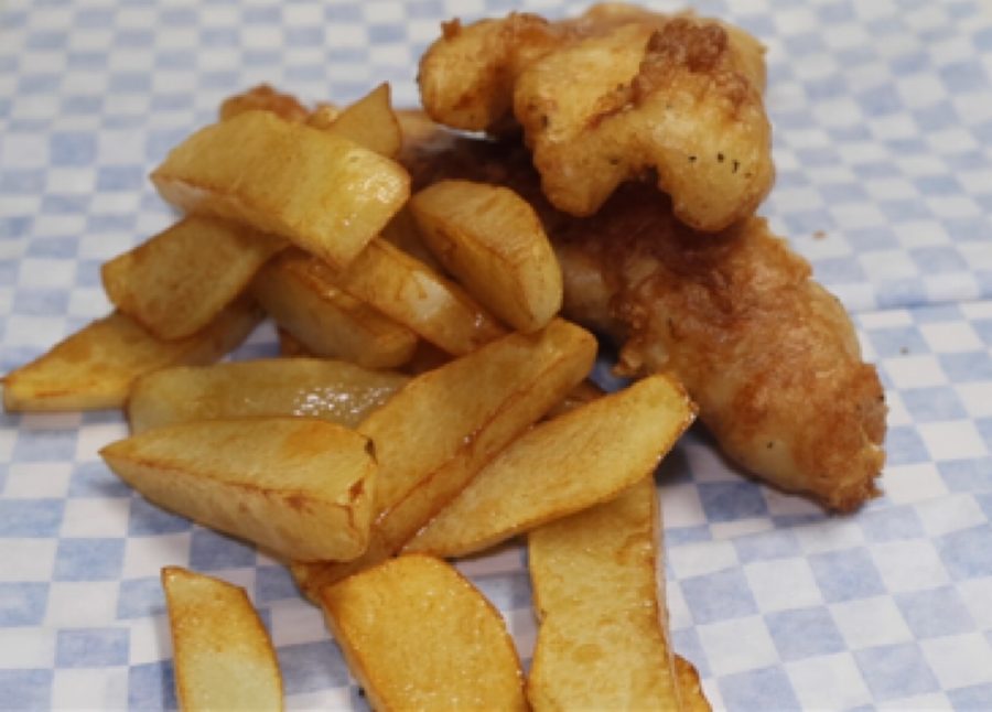 Fish n chips — battered cod with thick-cut chips on checkered paper