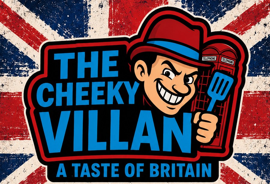 The Cheeky Villan logo — a grinning cartoon Londoner in a red trilby holding a chip spatula, over a Union Jack
